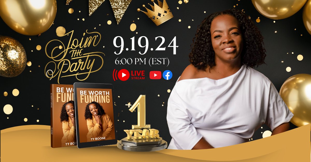 TyBConsulting's tweet photo. 🎉 "Be Worth Funding" turns 1 &amp; we're celebrating with a challenge!
📽️ Create a 5-sec video on why your nonprofit deserves funding
🏆 Win a FREE readiness assessment with @TyBoone
🎥 Post &amp; tag #Fundablein5
Join us LIVE 9/19 at 6PM EST! #BeWorthFundingBirthday https://t.co/dHlGf6cA6P
