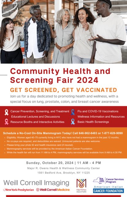 Marina Julia Corines, MD (@marinacorinesmd) on Twitter photo Join us for our Community Health and Screening Fair happening Oct 20th at the Major R. Owens Health & Wellness Center! Call to schedule your on-site no cost mammogram screening! Spread the word! <a href="/WCMRadiology/">Weill Cornell Medicine Radiology</a> <a href="/AICF_nyc/">AICF</a> <a href="/MajorOwensCtr/">Major R. Owens Health & Wellness Community Center</a> Join us for our Community Health and Screening Fair happening Oct 20th at the Major R. Owens Health & Wellness Center! Call to schedule your on-site no cost mammogram screening! Spread the word! <a href="/WCMRadiology/">Weill Cornell Medicine Radiology</a> <a href="/AICF_nyc/">AICF</a> <a href="/MajorOwensCtr/">Major R. Owens Health & Wellness Community Center</a>