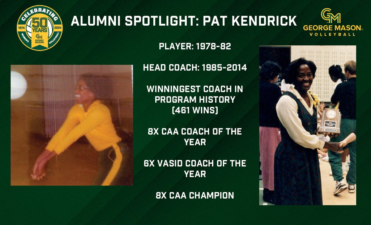 In honor of the 50th anniversary of George Mason women's volleyball, we are sharing the stories of the people who have made our program what it is today.

Today's spotlight is on player-turned-coach, Pat Kendrick.

🧵1/4