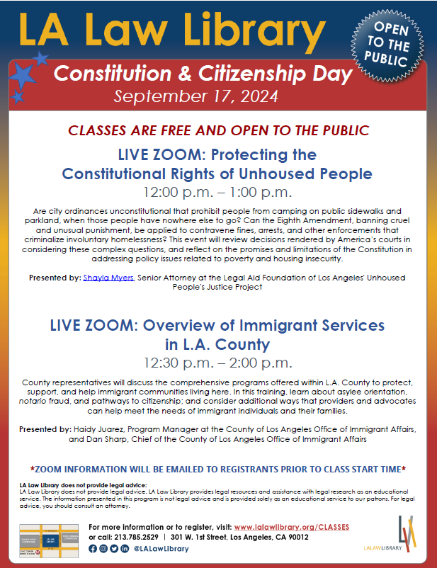 ImmDef's tweet image. Celebrate #CitizenshipDay with @LALawLibrary tomorrow! Don’t miss their webinars on immigration services in #LACounty. 

Register here: tinyurl.com/v7xwk2a2 or call 213-785-2516 for registration assistance. #Immigration #ImmigrantServices #ImmigrantRights