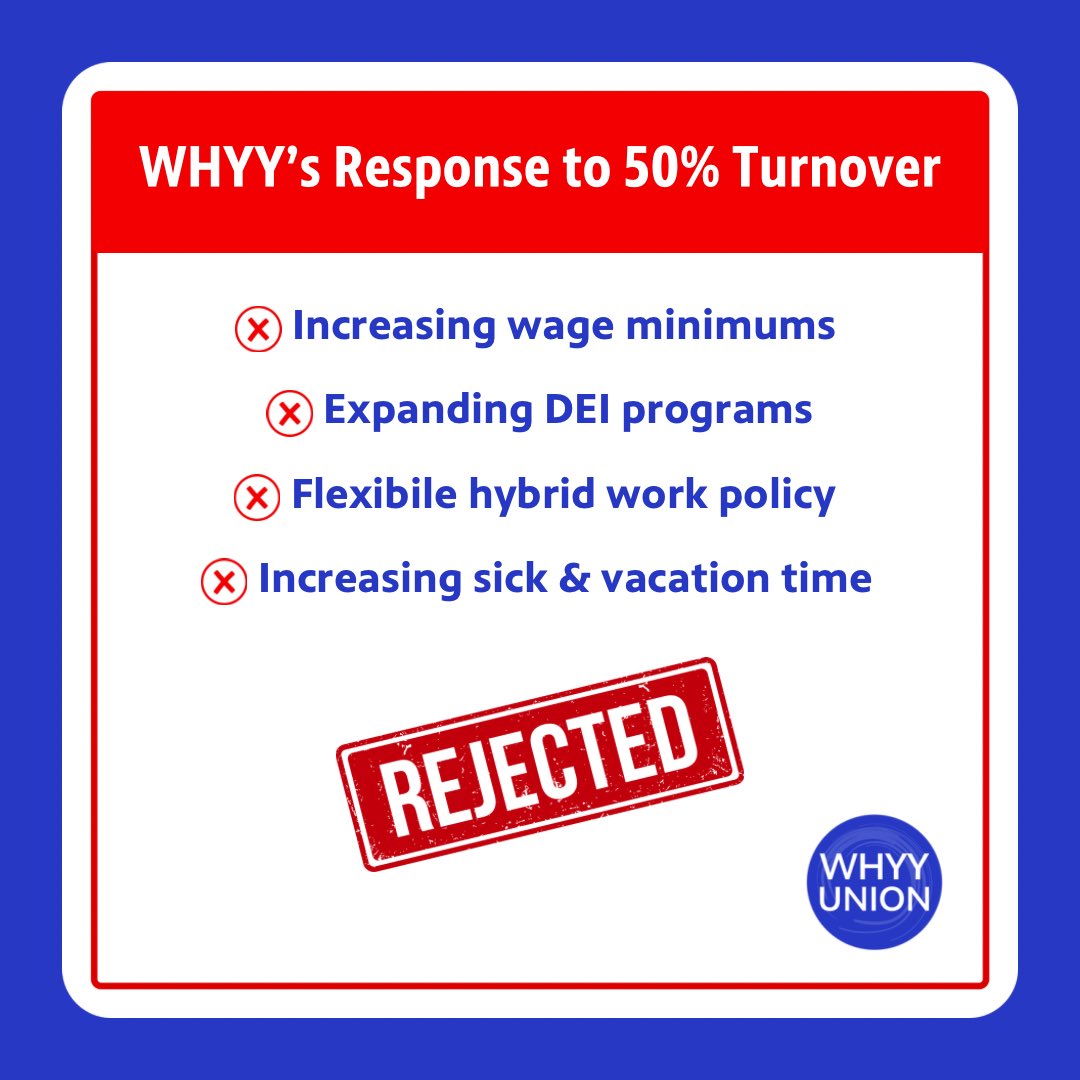 .<a href="/WHYY/">WHYY</a> has seen over 50% employee turnover from our first contract, and 55% of the SAG-AFTRA union has under 5 years of service to WHYY.

Mgmt has made it clear it has no intention of improving quality of life for employees.

WHYY Union refuses to remain complacent.

#WeMakeWHYY