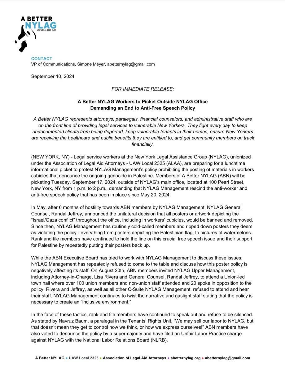 ABetterNYLAG's tweet image. PRESS RELEASE: please read our official press release about our union’s fight against @nylag management’s reprehensible suppression of workers’ free speech and about our 9/17 lunchtime picket!