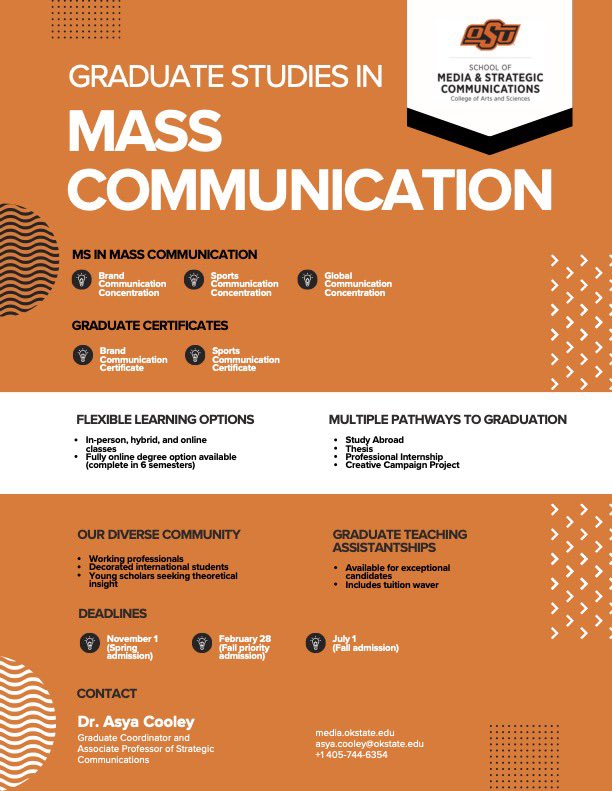 suminphd's tweet photo. 📢 The School of Media and Strategic Communication at Oklahoma State University is recruiting graduate students! 

Apply by November 1 for Spring 2025

📧 Contact: Dr. Asya Cooley, asya.cooley@okstate.edu  

#GradSchool #MassComm #BrandComm #SportsComm #GlobalComm #ApplyNow https://t.co/iEuFptWfRy