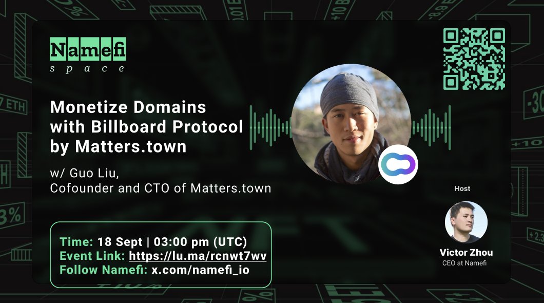 namefi_io's tweet image. NamefiSpace: Monetize Your Domain with Billboard (De-Ads) feat. Guo Liu cofounder of Matters Lab (@Mattersw3b)
Billboard is a decentralized protocol for advertising, using Harberger tax, recently received a fellowship grant from Ethereum Foundation. Today we have Guo, the…