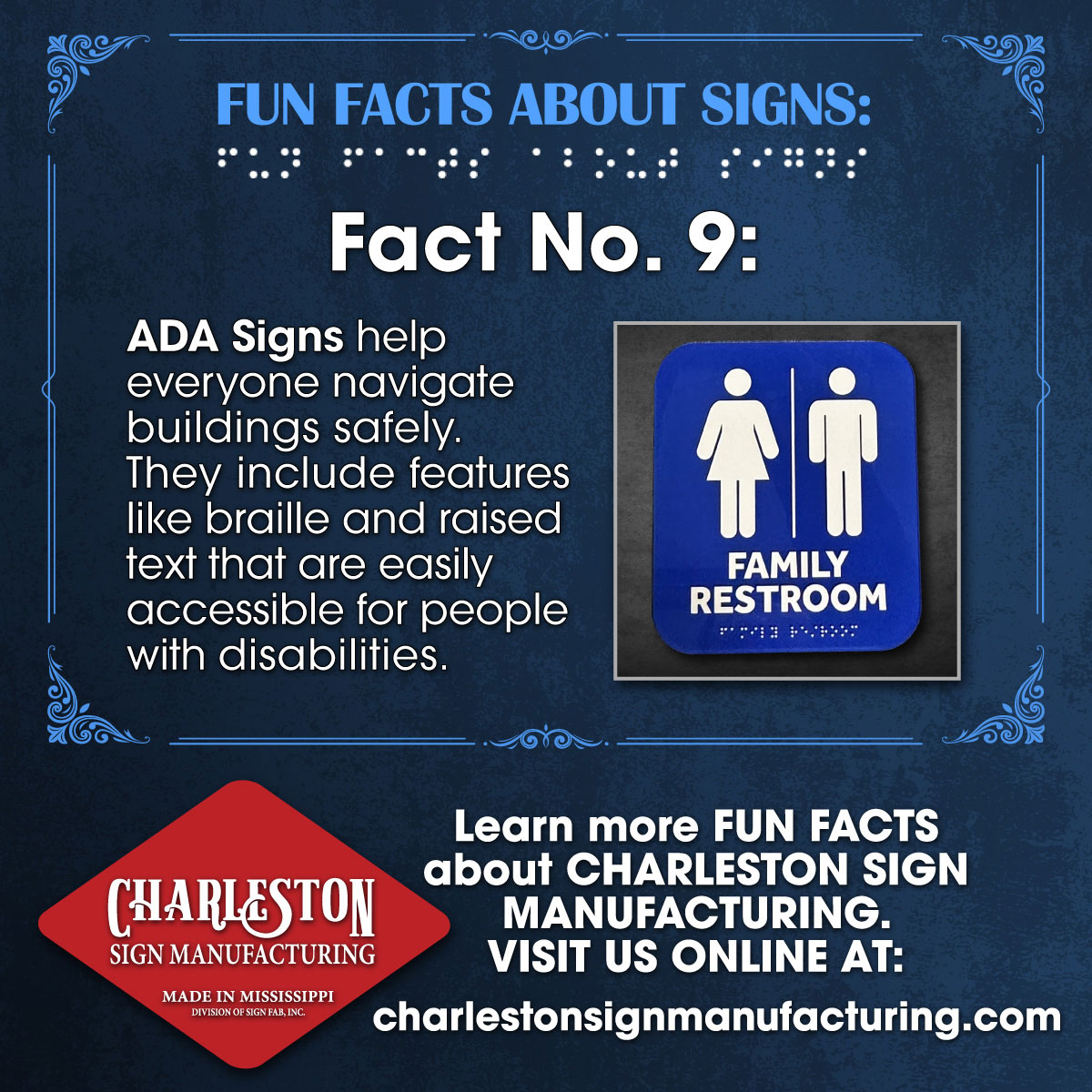 Charleston_Sign's tweet photo. ADA signage has a powerful impact on accessibility and inclusion! Want to know how? Dive into this week's Sign Facts: #ADA #Signage #Accessibility #Inclusion #SignFacts #AmericansWithDisabilities https://t.co/WarpapBx5G