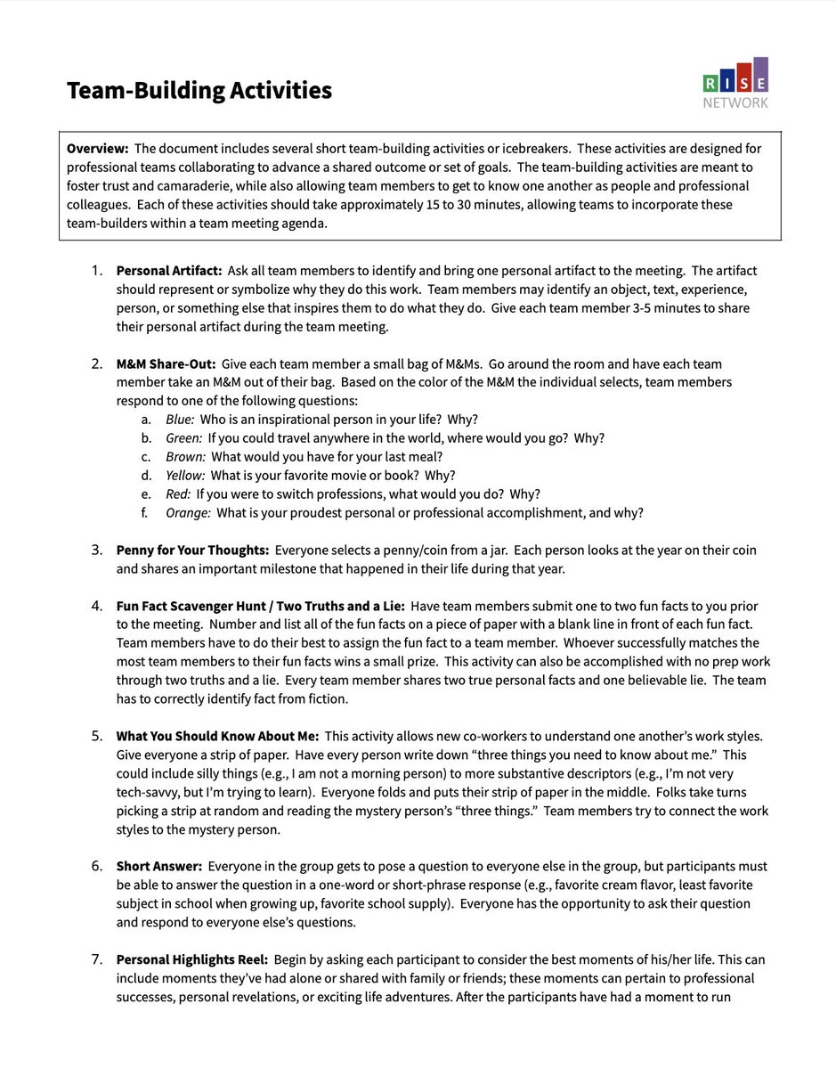 When teachers feel connected, they're more likely to collaborate around student support. 

Ready-to-try team-building tools via <a href="/ctrisenetwork/">Connecticut RISE Network</a>:

docs.google.com/document/d/1gF…