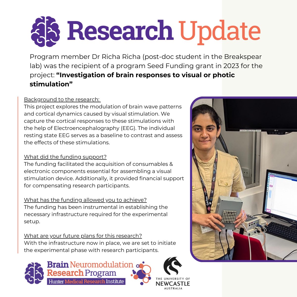 HMRI Brain Neuromodulation Research Program (@newybrains) on Twitter photo RESEARCH UPDATE! Check out what program member Dr Richa Richa <a href="/phogat_richa/">RichaPhogat</a> who was supported by program funding is currently up to
#research #science #researchers #neuroscience #visualstimulation #modulation #corticalresponses #seedfunding #grant
<a href="/HMRIAustralia/">Hunter Medical Research Institute (HMRI)</a> <a href="/Uni_Newcastle/">University of Newcastle</a> RESEARCH UPDATE! Check out what program member Dr Richa Richa <a href="/phogat_richa/">RichaPhogat</a> who was supported by program funding is currently up to
#research #science #researchers #neuroscience #visualstimulation #modulation #corticalresponses #seedfunding #grant
<a href="/HMRIAustralia/">Hunter Medical Research Institute (HMRI)</a> <a href="/Uni_Newcastle/">University of Newcastle</a>