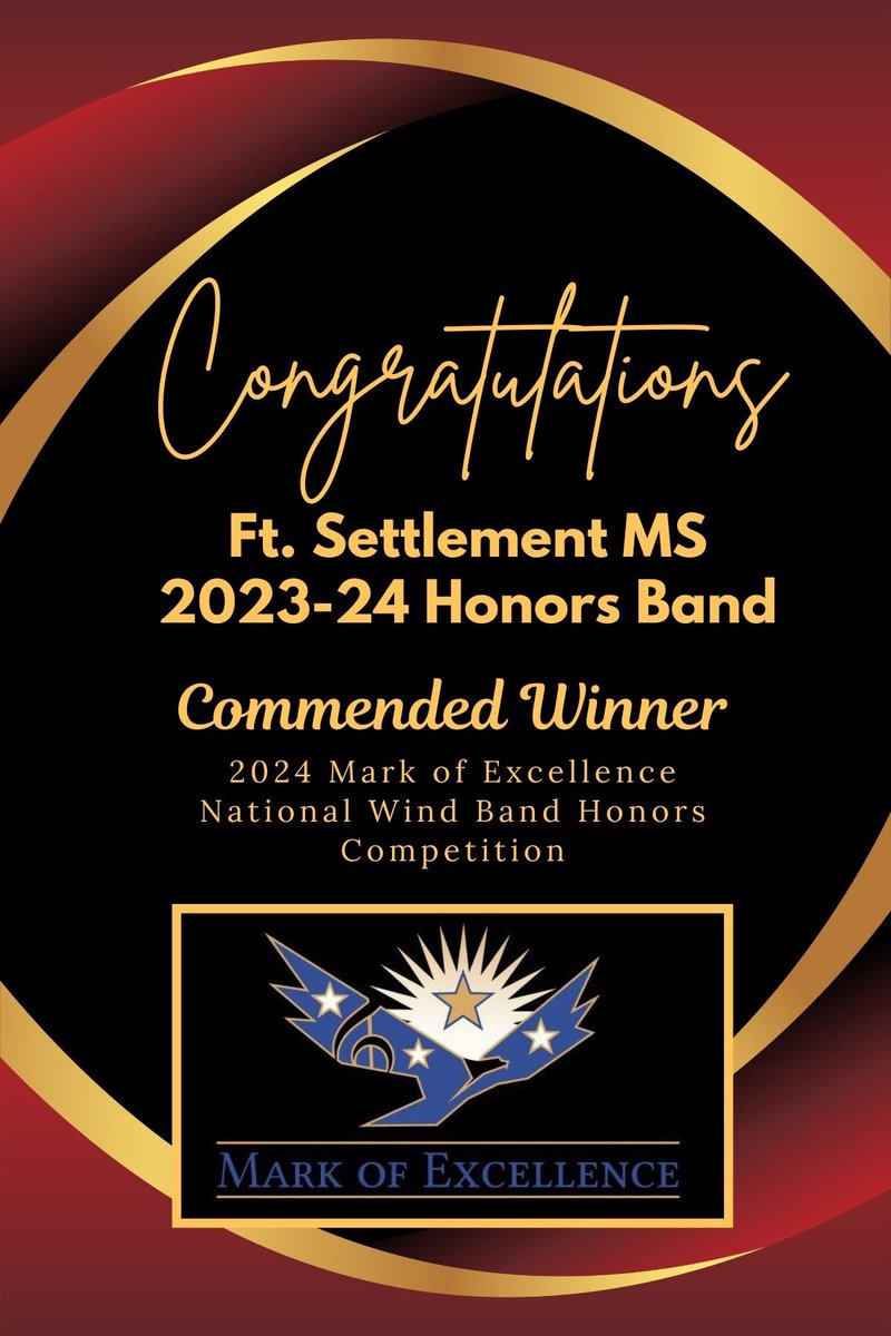 Congratulations Ft. Settlement MS Band Program!!  The 23-24 FSMS Honors Band was named a Commended Winner in the  Mark of Excellence National Wind Band Honors Project! Such an incredible honor for our program, and we are so proud of our students!