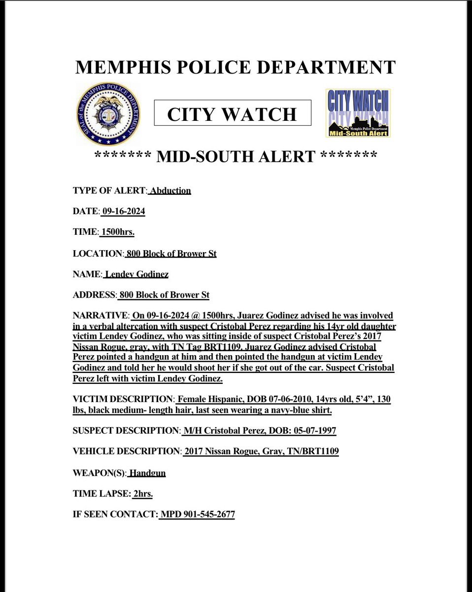 MEM_PoliceDept's tweet photo. ***CITY WATCH***

Have you seen Lendey Godinez? https://t.co/JFFNevEieE