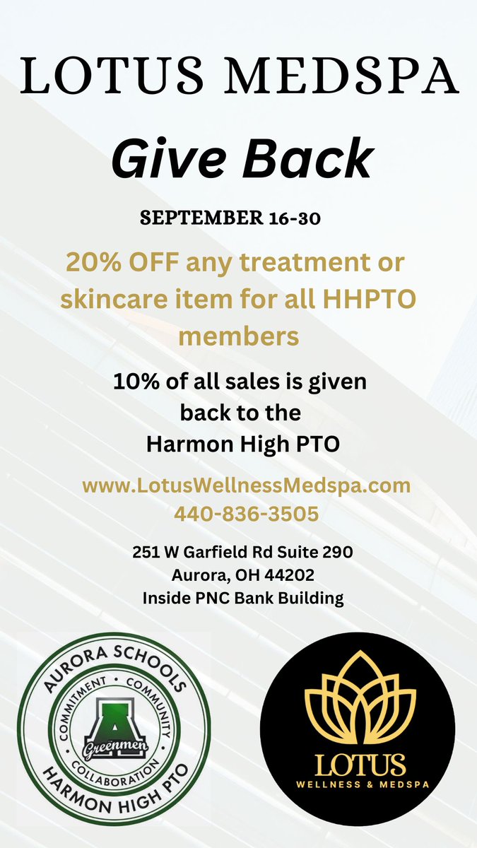 Guess what starts today!  @lotuswellnessmedspa, right here in Aurora, is sponsoring a generous promotion!  Anyone who is an HHPTO member can receive 20% off any treatment or skincare item!  Stop in to see them in the PNC Bank building and check them out from now until 9/30!