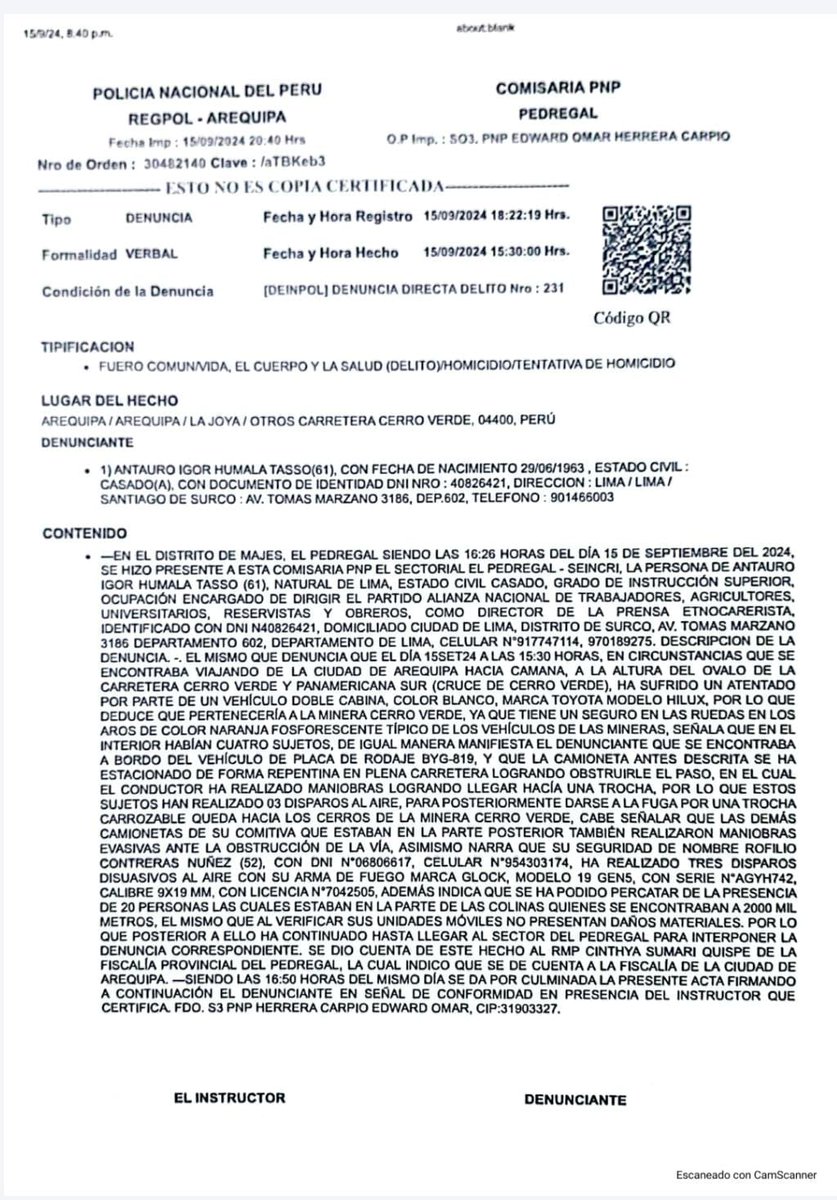 NoJodasPe's tweet photo. Desconocidos disparan al aire luego de rodear a @AntauroEtnocac  Humala en Arequipa. La intención era asustarlo, pues salió ileso del atentado. Estaba acompañado de su esposa. https://t.co/FFKlkxwAwq