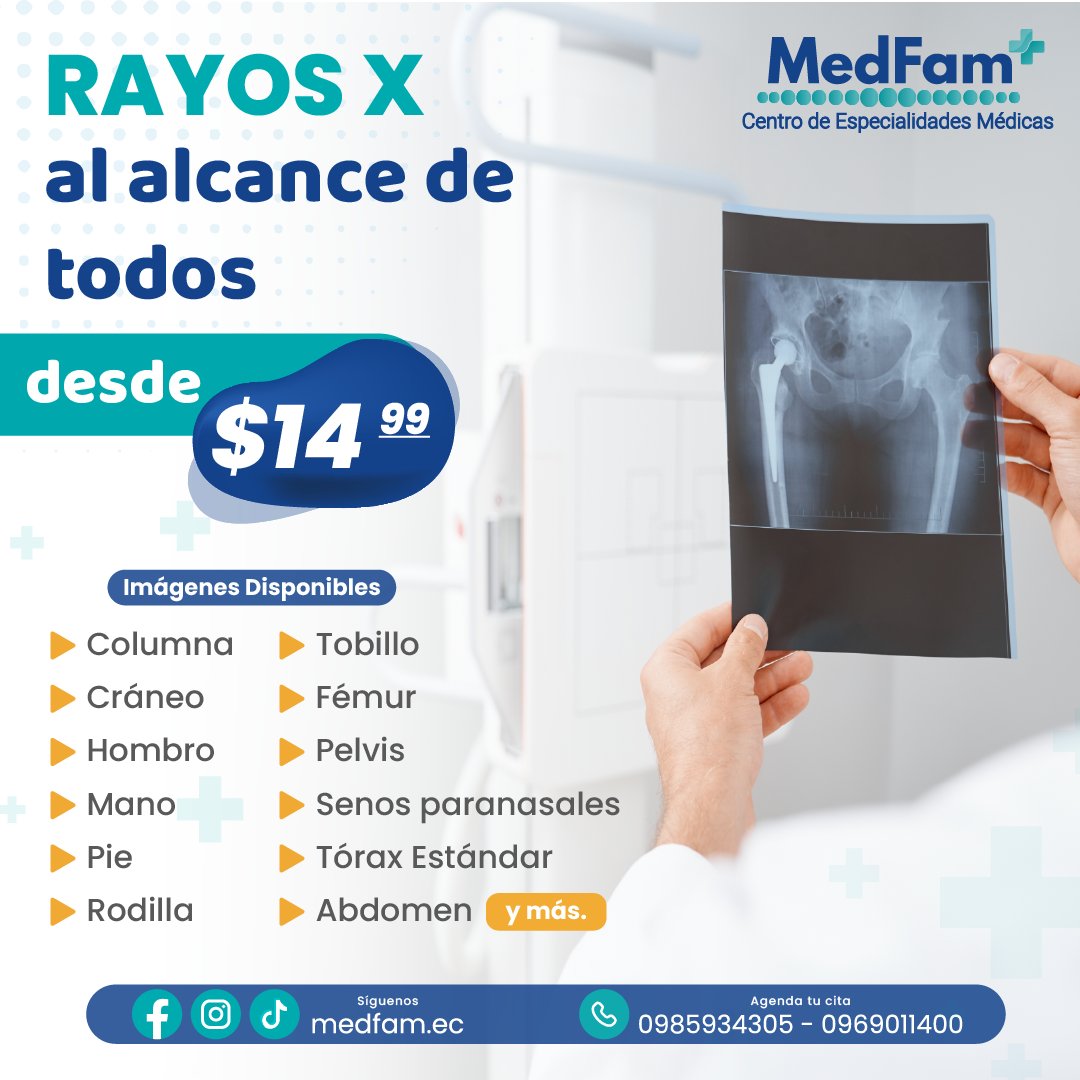 MedFam_ec's tweet photo. 🏥 ¿NECESITAS UN DIAGNÓSTICO CLARO Y PRECISO? 🔍

En #MedFam te ofrecemos 🩺 RAYOS X DESDE $14.99 para cuidar tu salud.

💯 Con tecnología avanzada y profesionales capacitados, garantizamos imágenes de alta calidad para un diagnóstico confiable. 📈

#RayosX #RX #Salud #Duran https://t.co/G3YuTLn6T2