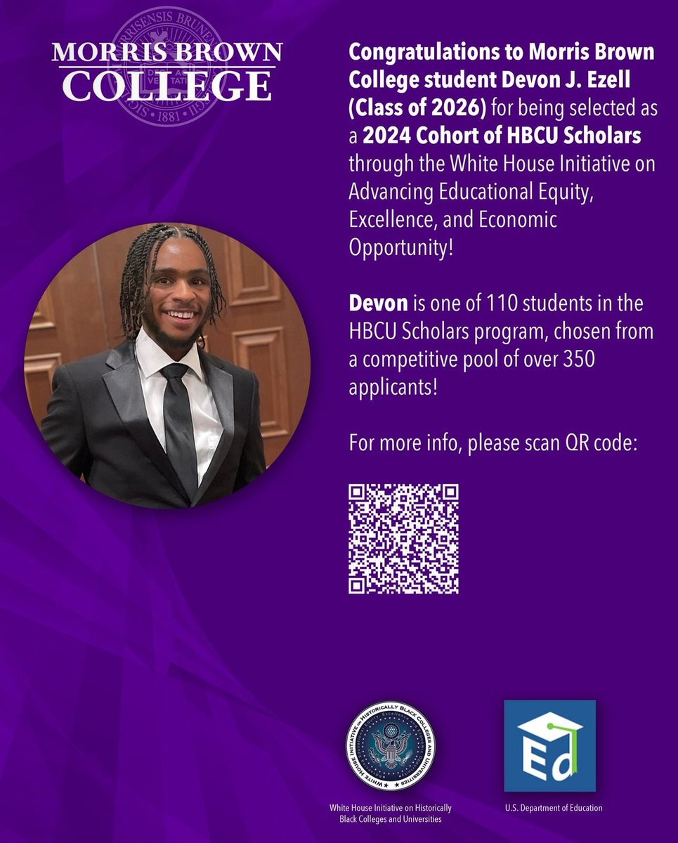 We are so proud of Devon Ezell, who has been selected as a 2024 HBCU Scholar! #TheResurgence #MorrisBrownCollege