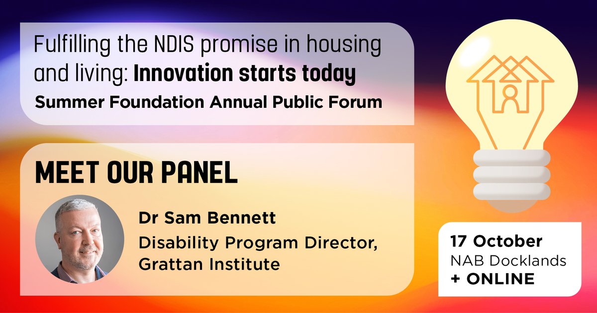 Summer Foundation (@summerfoundtn) on Twitter photo 📣 Dr Sam Bennett <a href="/samhbenn/">Sam Bennett</a> will join #APF2024 to discuss <a href="/GrattanInst/">Grattan Institute</a>'s new report "Better, safer, more sustainable: How to reform NDIS housing and support" and explore innovative housing and living models required to drive urgent changes.
🎟️ pulse.ly/bzv0wiwqyc 📣 Dr Sam Bennett <a href="/samhbenn/">Sam Bennett</a> will join #APF2024 to discuss <a href="/GrattanInst/">Grattan Institute</a>'s new report "Better, safer, more sustainable: How to reform NDIS housing and support" and explore innovative housing and living models required to drive urgent changes.
🎟️ pulse.ly/bzv0wiwqyc