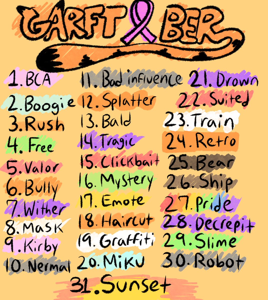 Here are the Garftober Prompts for 2024! Boost and Share this with any artists who might be interested!