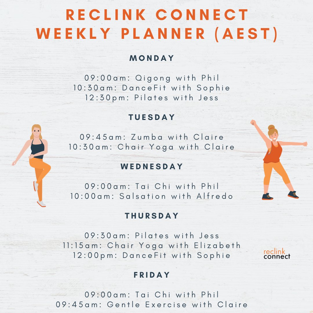 Reclink Australia (@reclinkaus) on Twitter photo RECLINK CONNECT π» - WEEKLY PLANNER
We've got another full schedule of sessions coming our way online this week! π
Contact reclink.connect@reclink.org for the Zoom links. RECLINK CONNECT π» - WEEKLY PLANNER
We've got another full schedule of sessions coming our way online this week! π
Contact reclink.connect@reclink.org for the Zoom links.