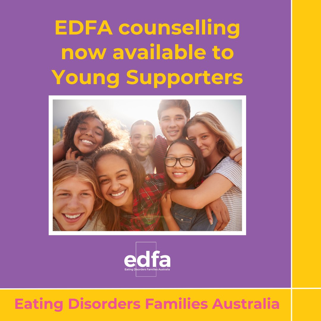 Eating Disorders Families Australia (@edf_aust) on Twitter photo Eating Disorders Families Australia is now offering counselling for Young Supporters (aged 10-17) of those living with an eating disorder.
To learn more and book, visit edfa.org.au/counselling-se…
If you have any questions, email Susan at admin@edfa.org.au Eating Disorders Families Australia is now offering counselling for Young Supporters (aged 10-17) of those living with an eating disorder.
To learn more and book, visit edfa.org.au/counselling-se…
If you have any questions, email Susan at admin@edfa.org.au