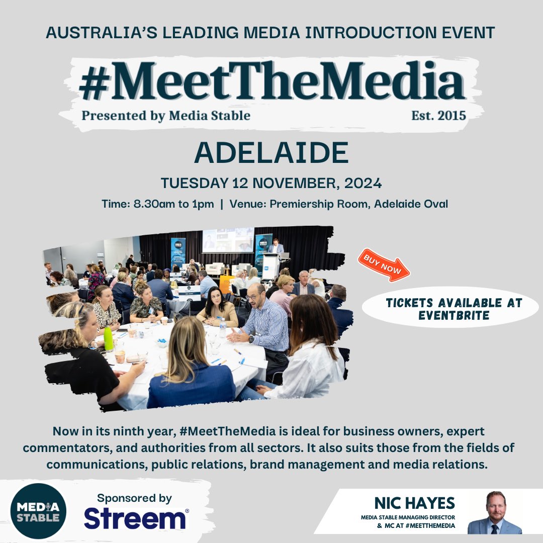We are pleased to announce <a href="/streemau/">Streem</a> as our platinum sponsor for #MeetTheMedia #Adelaide.

Nov 12 from 0800 - 1300 at <a href="/TheAdelaideOval/">Adelaide Oval</a> this is the place to be for all communicators and business owners. 

See you there. 

#media #mediaevent #mediarelations #mediastable