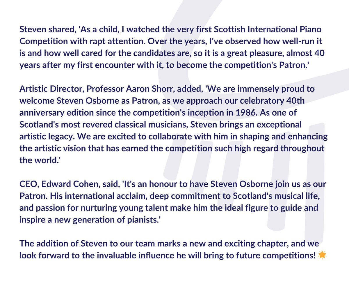 ScotPianoComp's tweet photo. We are delighted to announce that the treasured Scottish pianist, @stevenosborne OBE, has enthusiastically accepted our invitation to become Patron! https://t.co/LyIdT8MAUq