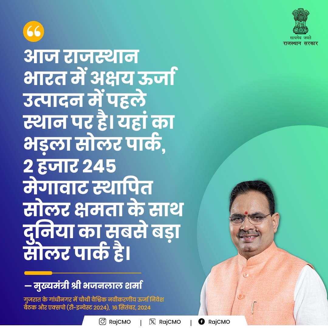 RajCMO's tweet photo. राजस्थान भारत में अक्षय ऊर्जा उत्पादन में पहले स्थान पर है।
@BhajanlalBjp
#RajCMO
#CMORajasthan https://t.co/rbbUUkmhs9