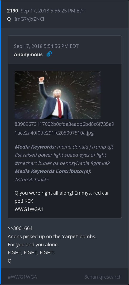 KimWever3's tweet image. 6 year Delta -
Media Keywords:
meme donald j trump djt fist raised power light speed eyes of light #thechart butler pa pennsylvania fight kek

Media Keywords Contributor(s):
AstuteActual45
...
&amp;gt;&amp;gt;Anons picked up on the 'carpet' bombs.
For you and you alone.
FIGHT, FIGHT, FIGHT!