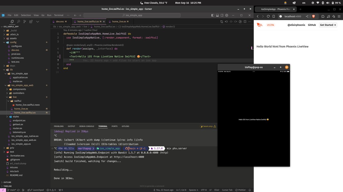 MmmarRTHa's tweet image. Hello iOS from @liveviewnative SwiftUI! #myelixirstatus #linux