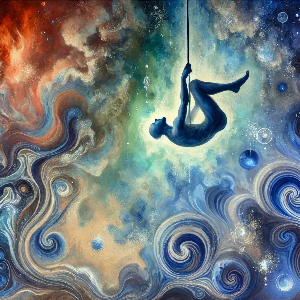 #trance #HOLD #radical #acceptance #wellness

The shaman’s wait is a process of allowing the transformation from fire to water to fully ripen.

#prompt : A mystical abstract painting symbolizing a shaman suspended upside down, waiting for a mysterious birth. The transformation