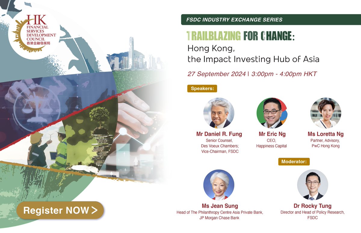 🌟 Join the #FSDC Industry Exchange Series to explore the transformative potential of #ImpactInvesting🌍

🗓️ Date: : September 27, 2024 (Friday)
⏰ Time: 3:00 pm - 4:00 pm
💻 Join us on Zoom: fsdc.org.hk/en/events/fsdc…