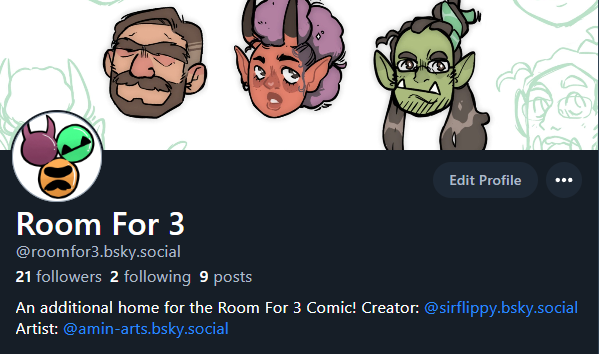 RoomFor3Comic's tweet photo. More news, we made a BlueSky account for the comic! if you know anyone who might not be able to use Twitter anymore or you just don't like it here anymore, head over to @roomfor3.bsky.social to take a look at the comic over there! https://t.co/4ywv9tWglx