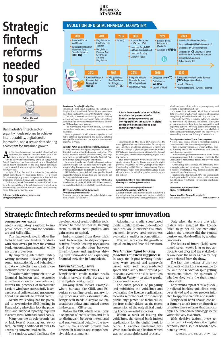 callmefahim's tweet photo. Bangladesh’s fintech sector urgently needs reforms to achieve interoperability, digital credit innovation, and a secure data-sharing ecosystem.

Bangladesh Bank should form a task force on fintech to prioritize these reforms that can catalyze the sector.

https://t.co/8d2zQK2OGV https://t.co/FxhUCnsYzW