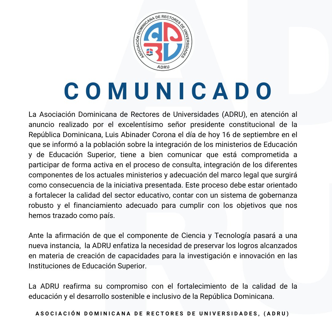 🚨 La Asociación Dominicana de Rectores de Universidades (ADRU) expresa su compromiso con la integración de los ministerios de Educación y Educación Superior, anunciada hoy por el presidente <a href="/luisabinader/">Luis Abinader</a>