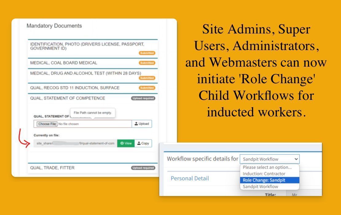 projectisaGO's tweet photo. GO! Site Approved. Streamline Role Changes with Child Workflows for Inducted Workers!  Learn more or request a demo at https://t.co/IFjQeMybSO. #GOSiteApproved #SimplifiedApproval #PIAGO #Mining #Construction https://t.co/zHAXZvcykd
