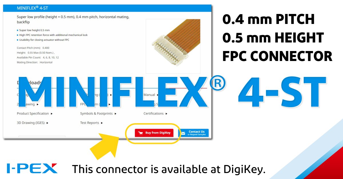 ipexconnectors's tweet image. FPC Connector MINIFLEX® 4-ST is 0.4 mm pitch with in-line pins. It has a low profile at just 0.5 mm and the FPC lock mechanism ensures high retention force. Now this product is available at @DigiKey site. Learn more at: bit.ly/3zmZLd6
#MINIFLEX #FPC #connectors #DigiKey