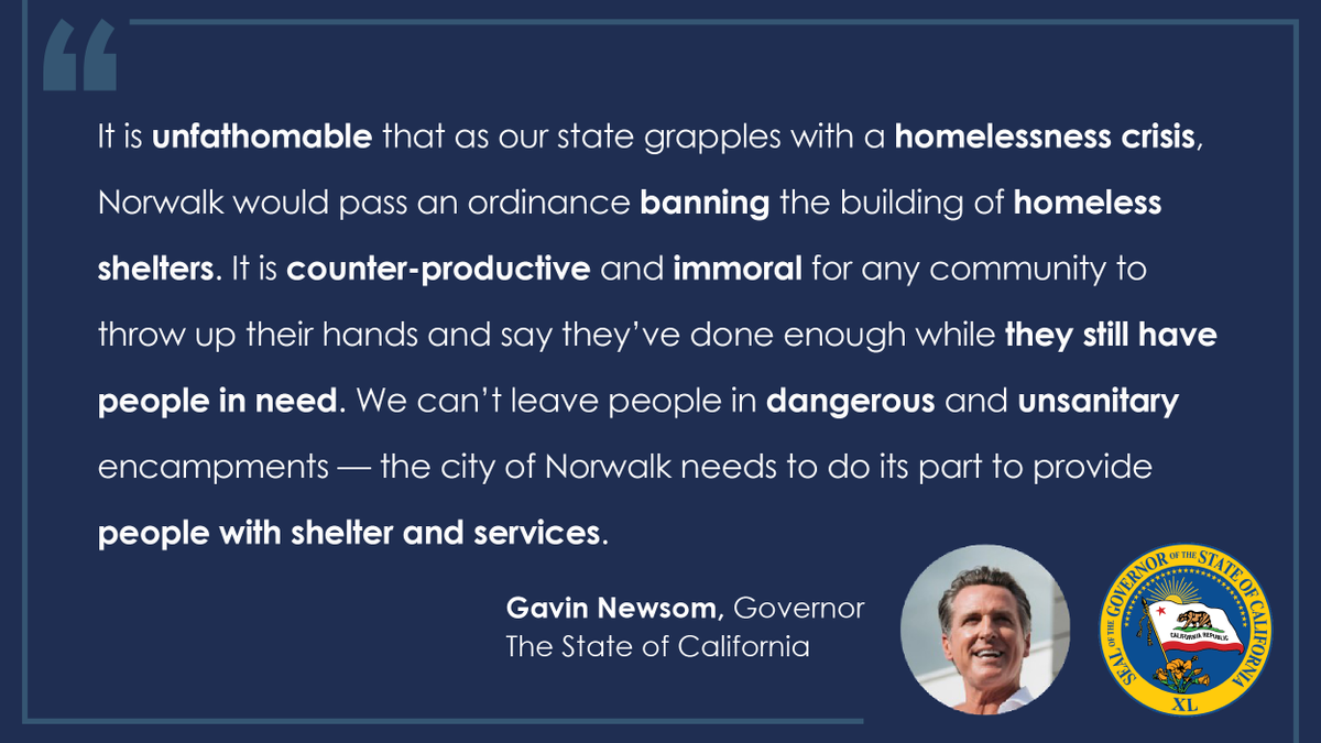 California_HCD's tweet photo. Today, HCD issued a Notice of Violation to the City of Norwalk over its unlawful ban on homeless shelters &amp; supportive housing which @CAgovernor Newsom deemed “immoral” and Director @GVelasquez72 said must be repealed. #accountability @CAbcsh
READ MORE📢: https://t.co/KSViMNhH7u https://t.co/vkXyjUxjf5
