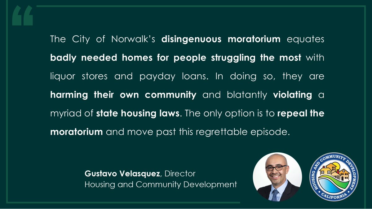 Today, HCD issued a Notice of Violation to the City of Norwalk over its unlawful ban on homeless shelters &amp; supportive housing which <a href="/CAgovernor/">Governor Gavin Newsom</a> Newsom deemed “immoral” and Director <a href="/GVelasquez72/">Gustavo Velasquez</a> said must be repealed. #accountability <a href="/CAbcsh/">CA Business, Consumer Services and Housing Agency</a>
READ MORE📢: bit.ly/HCDNorwalkNOV