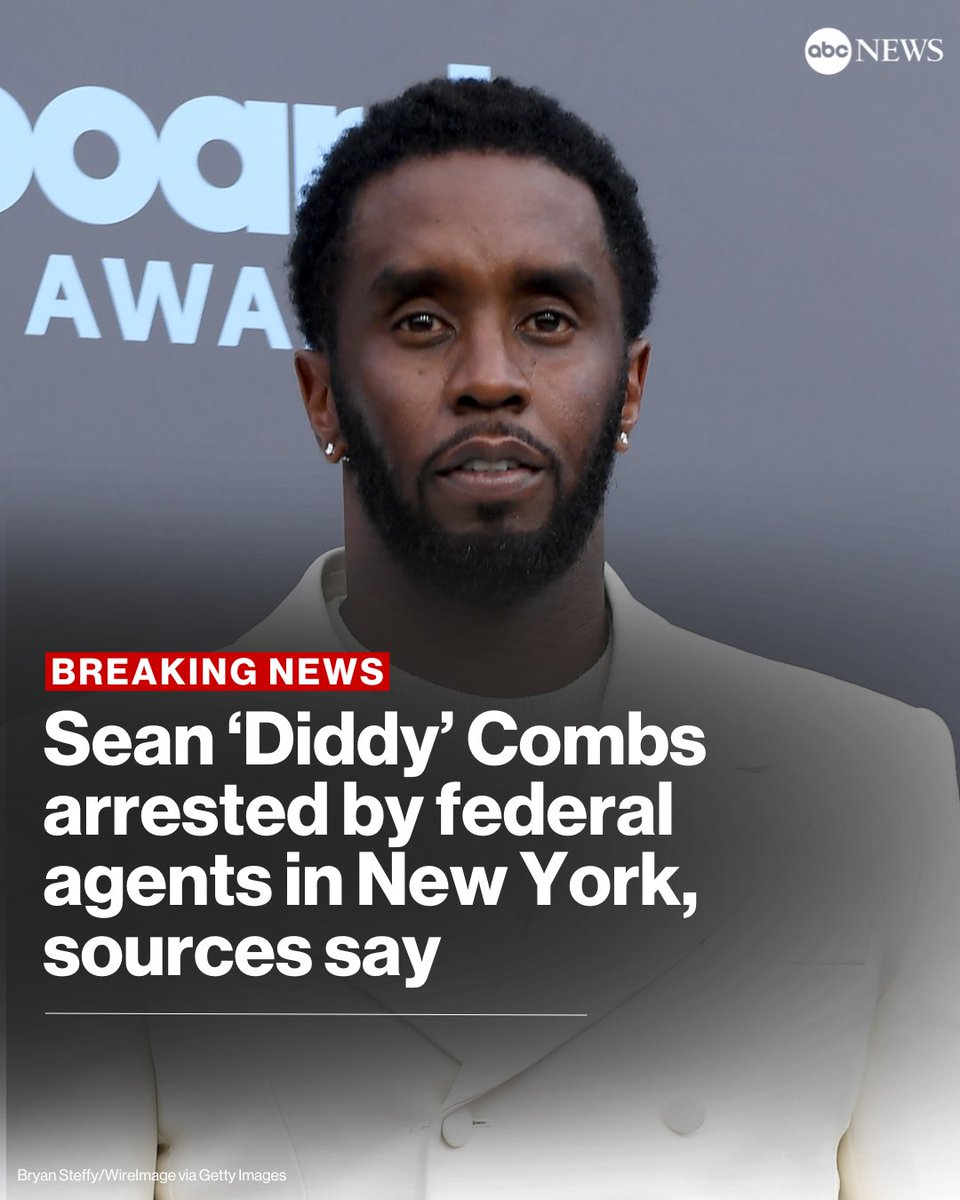BREAKING: Sean “Diddy” Combs was arrested Monday night in New York City by federal agents with Homeland Security Investigations, multiple sources told ABC News. trib.al/Cm9xsaI