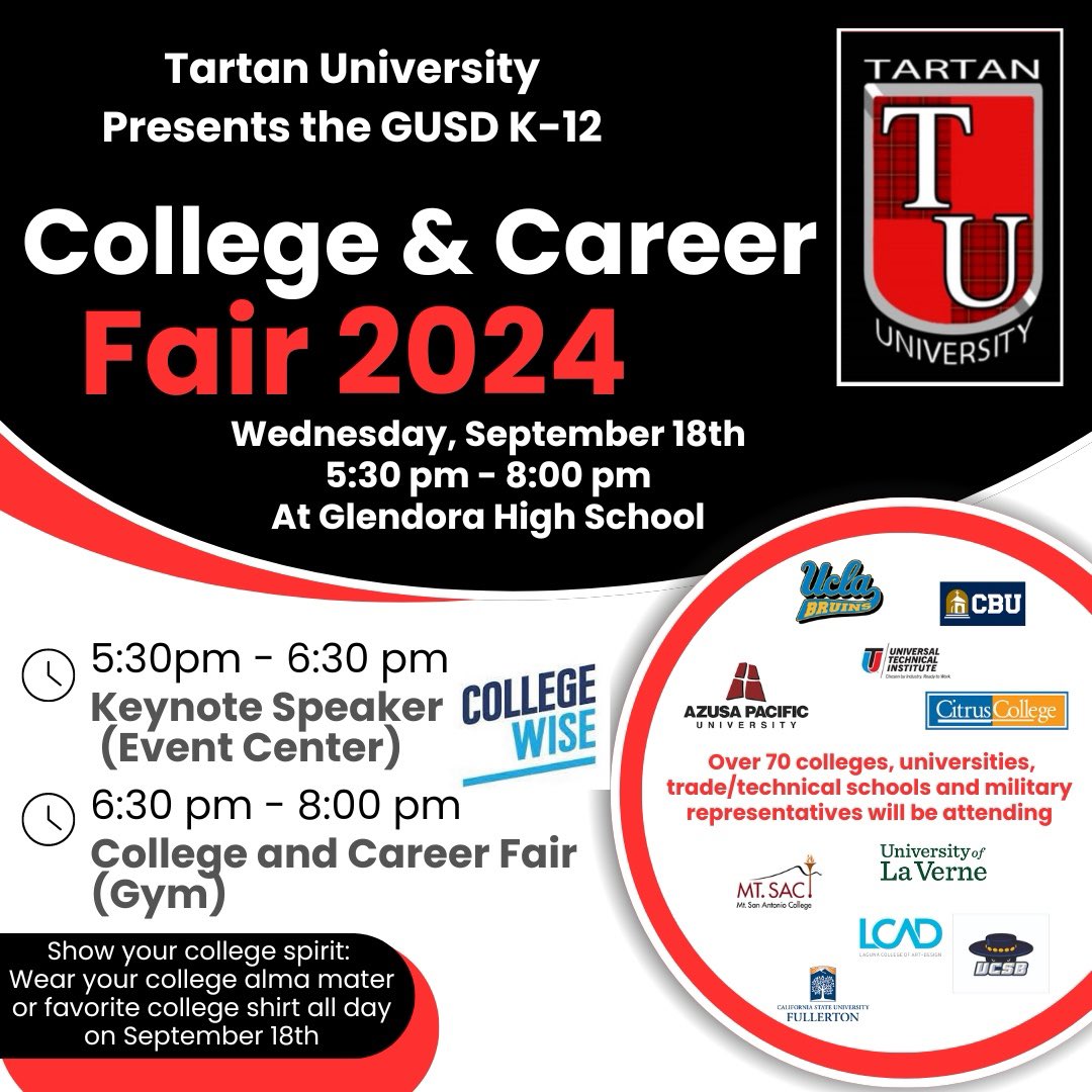 CounselorsGHS's tweet photo. 📣 College Night &amp; College/Career Fair is Wed 9/18! Keynote speaker: 5:30-6:30 in the Event Center. 70+ colleges/programs: 6:30-8 in the gym. https://t.co/3tCtQzrHwh