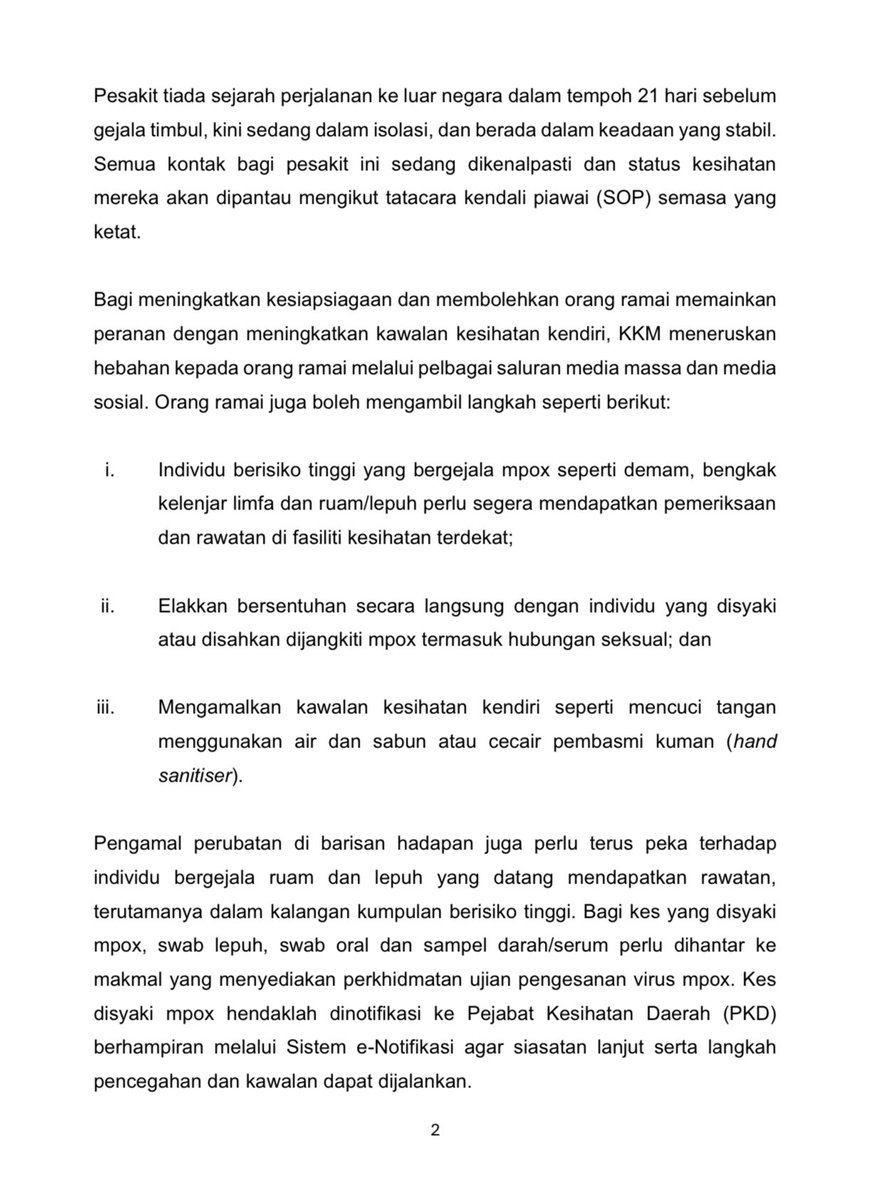 wan_zNewsMPB's tweet photo. Satu kes baharu #mpox dilaporkan di negara ini semalam. 

Pesakit lelaki warga tempatan tiada sejarah perjalanan ke luar negara dalam tempoh 21 hari sebelum gejala timbul - KP Kesihatan

@BuletinTV3 @KKMPutrajaya https://t.co/mRq9JtyhwX