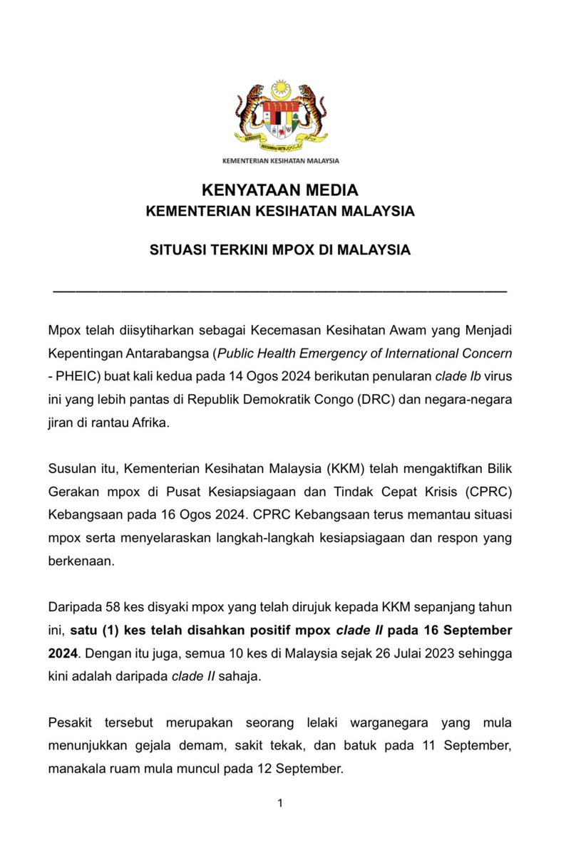 wan_zNewsMPB's tweet photo. Satu kes baharu #mpox dilaporkan di negara ini semalam. 

Pesakit lelaki warga tempatan tiada sejarah perjalanan ke luar negara dalam tempoh 21 hari sebelum gejala timbul - KP Kesihatan

@BuletinTV3 @KKMPutrajaya https://t.co/mRq9JtyhwX