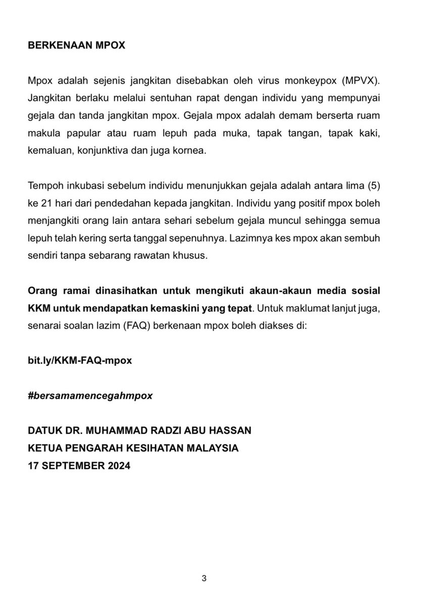 wan_zNewsMPB's tweet photo. Satu kes baharu #mpox dilaporkan di negara ini semalam. 

Pesakit lelaki warga tempatan tiada sejarah perjalanan ke luar negara dalam tempoh 21 hari sebelum gejala timbul - KP Kesihatan

@BuletinTV3 @KKMPutrajaya https://t.co/mRq9JtyhwX