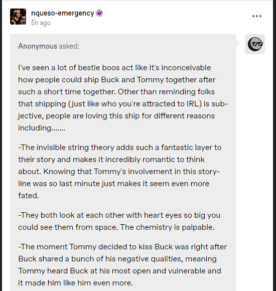 bonedrywhimsy's tweet photo. To that person asking how or why we ship BuckTommy, someone in Nqueso's ask has the answer for you.😊 https://t.co/RcQOteM218