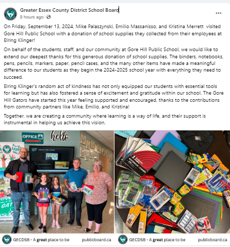 Thank you @ElringKlingerAG for a generous donation of school supplies. Elring Klinger’s random act of kindness has not only equipped our students with essential tools for learning but has also fostered a sense of excitement &amp; gratitude within our school. <a href="/toddawender/">Todd Awender</a> <a href="/gecdsbpro/">GECDSB PR</a>