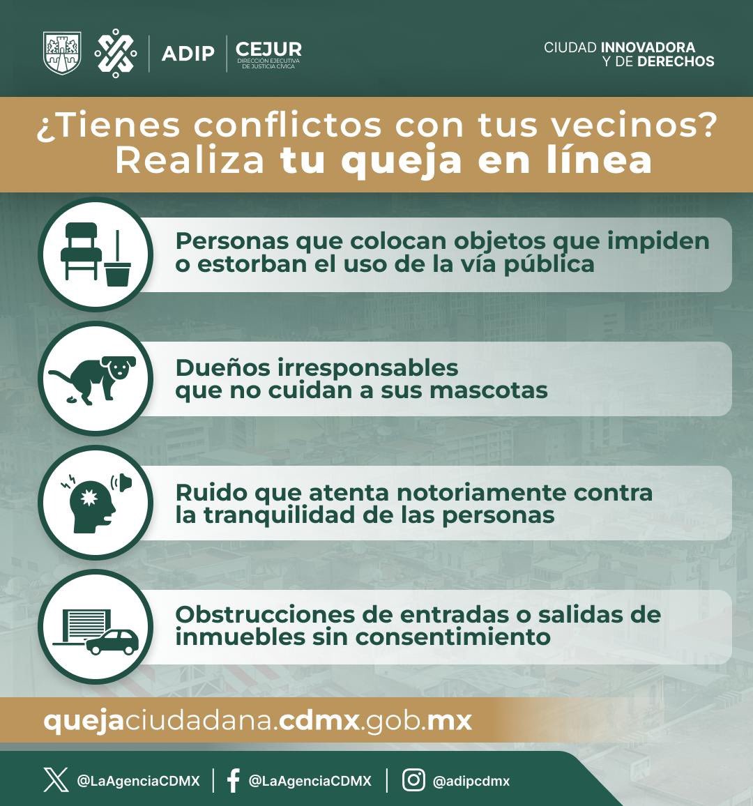 ¡Tu voz es importante! 💬 

Si tienes problemas con objetos que bloquean la vía pública, ruido excesivo, o cualquier otro inconveniente vecinal, realiza tu reporte fácilmente en: ➡️ quejaciudadana.cdmx.gob.mx #CDMXDigital
