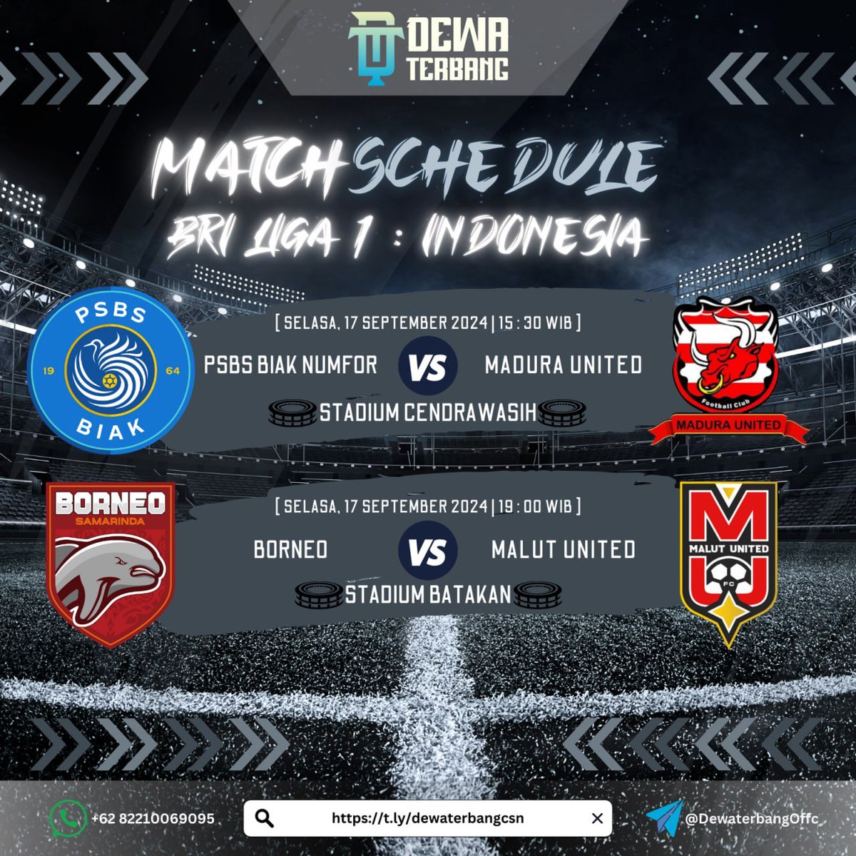 DewaterbangOfc's tweet photo. HALO MEMBER SETIA DEWATERBANG.. ‼️
KALI INI KAMI INGIN INFOKAN UPDATE TERBARU JADWAL PERTANDINGAN BOLA UNTUK HARI INI‼️

SENIN, 17 SEPTEMBER 2024

💥 BRI LIGA 1 - INDONESIA 💥

DUKUNG TEAM KESAYANGAN ANDA HANYA DI DEWATERBANG https://t.co/PtFCjnN04t