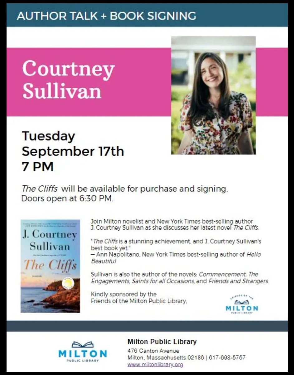 Boston Irish Tourism (@thebostonirish) on Twitter photo On Tuesday, Sept 17, writer Courtney Sullivan <a href="/jcourtsull/">J. Courtney Sullivan</a> is reading from her latest novel, The Cliffs, at the <a href="/MiltonLibraryMA/">Milton Library</a> at 7pm. <a href="/miltonscene/">The Milton Scene</a> <a href="/PublishersWkly/">Publishers Weekly</a> <a href="/AAKnopf/">Alfred A. Knopf</a> On Tuesday, Sept 17, writer Courtney Sullivan <a href="/jcourtsull/">J. Courtney Sullivan</a> is reading from her latest novel, The Cliffs, at the <a href="/MiltonLibraryMA/">Milton Library</a> at 7pm. <a href="/miltonscene/">The Milton Scene</a> <a href="/PublishersWkly/">Publishers Weekly</a> <a href="/AAKnopf/">Alfred A. Knopf</a>