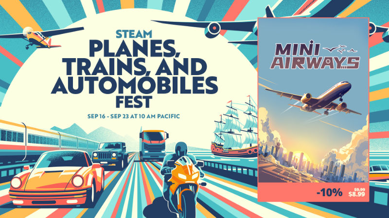 Excited to be featured at the 'Planes, Trains, and Automobiles Fest' from 9/16 to 9/23 (PT)! ✈️

Steam Workshop support, new maps, and gameplay mechanics will launch during the fest.

Don't miss the 10% discount ✨ all week!

#steam #indie #indiegame #simulation #aircraft #fest