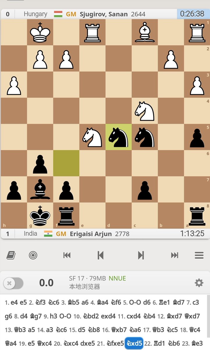 Sky Xia (@skyxia528) on Twitter photo Time to promote my favourite <a href="/chessable/">Chessable</a> course! <a href="/ArjunErigaisi/">Arjun Erigaisi</a> played <a href="/GMGawain/">Gawain Maroroa Jones</a> recommendation to against Sanan's Ruy Lopez in his e5 course:chessable.com/lifetime-reper…
The game:lichess.org/broadcast/45th…
Almost completely same as first 21 moves!!
Arjun is really a legend! Time to promote my favourite <a href="/chessable/">Chessable</a> course! <a href="/ArjunErigaisi/">Arjun Erigaisi</a> played <a href="/GMGawain/">Gawain Maroroa Jones</a> recommendation to against Sanan's Ruy Lopez in his e5 course:chessable.com/lifetime-reper…
The game:lichess.org/broadcast/45th…
Almost completely same as first 21 moves!!
Arjun is really a legend!