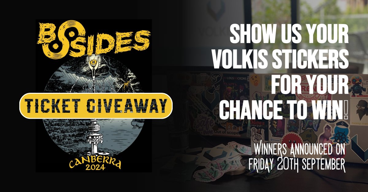 Volkis (@volkisau) on Twitter photo ๐๏ธ It's GIVEAWAY TIME! ๐๏ธ
We've got 4 <a href="/BSidesCbr/">BSidesCanberra</a> tickets up for grabs!
All you need to do is comment below with a photo of your Volkis stickers on your laptop and share this post for your chance to win.
Winners announced on Friday 20th!
*You must be able to get to the event! ๐๏ธ It's GIVEAWAY TIME! ๐๏ธ
We've got 4 <a href="/BSidesCbr/">BSidesCanberra</a> tickets up for grabs!
All you need to do is comment below with a photo of your Volkis stickers on your laptop and share this post for your chance to win.
Winners announced on Friday 20th!
*You must be able to get to the event!