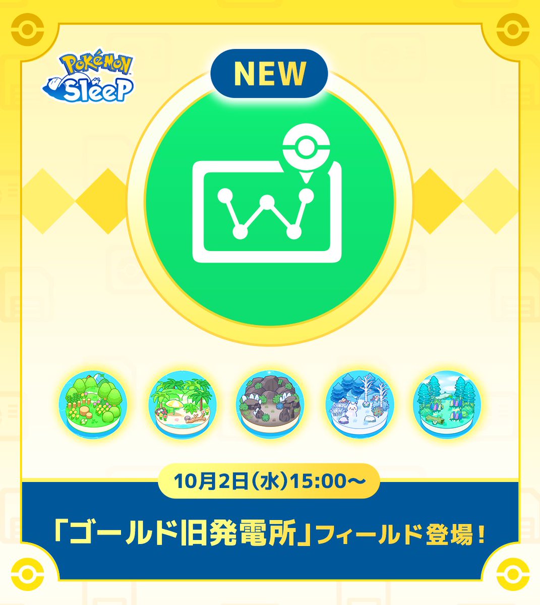 PokemonSleepApp's tweet photo. 【新たなフィールドが登場！⚡️】

10月2日（水）15:00より
新フィールド「ゴールド旧発電所」が登場します！✨

フィールドのアンロック条件は
寝顔図鑑の目標「340種類」の達成💡
こちらを目標に図鑑を充実させていきましょう✍️
 
さらなる詳細は後日お届けします！お楽しみに☺️

#ポケモンスリープ https://t.co/FREaHGUHUy
