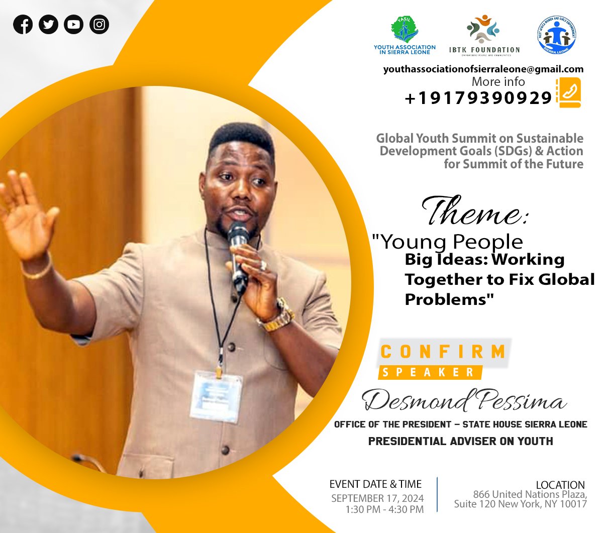 asilyasil's tweet photo. AConfirmed Speaker at Global Youth Summit on (#SDGs) &amp; Action for (#SoTF) #SummitoftheFuture
#ASIL 
#YASIL
#IBTaylorKamaraFoundation
#WAWGESL 
#WAWGE
#UNYouth
#asilyasil
#CovenantHighways 
#Fortune2024
#CommonAgenda
#Agenda2024 
#Agenda2063
#GYSoSDGsAfSoFT
#GYS
#UNGA79
#ASILYASIL https://t.co/16Mj1IQJXO
